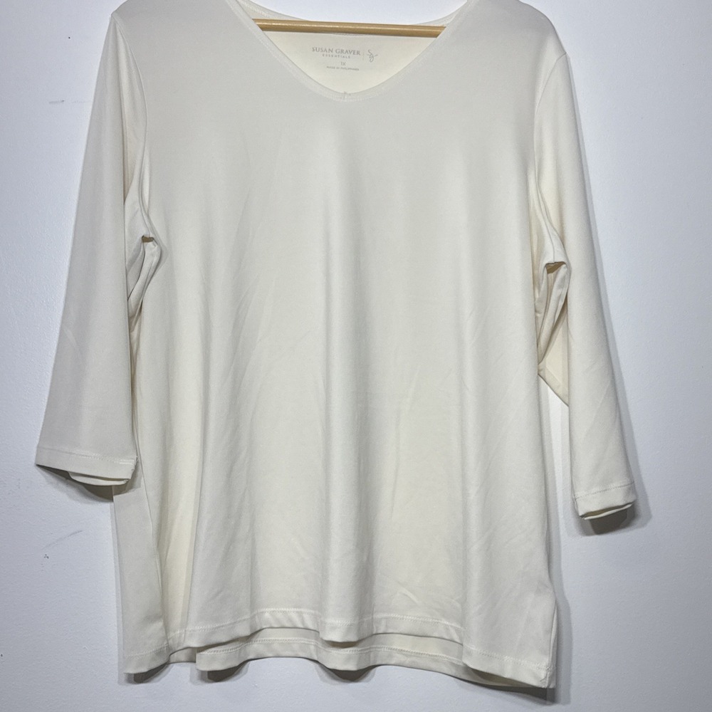 Susan Graver Essentials Shirt Top Size 1X Ivory V-Neck 3/4 Sleeve EUC
